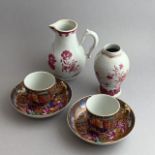 A fine Pair of 'Mandarin palette' Coffee Cups and Saucers. A puce decorated jug and a teapoy en