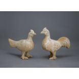 An attractive Pair of pottery Chickens, Tang dynasty L: 22cm - 24cm H: 20.5cm - 22.5cm PROPERTY FROM