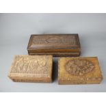 Three finely carved oriental boxes, 19th/20th C. Size: biggest 30cm x 13cm One is a sandalwood