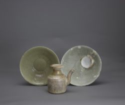 A Yue type carved Bowl, and another similar, Southern Song dynasty, and a Ewer with spoutH: 7 - 11