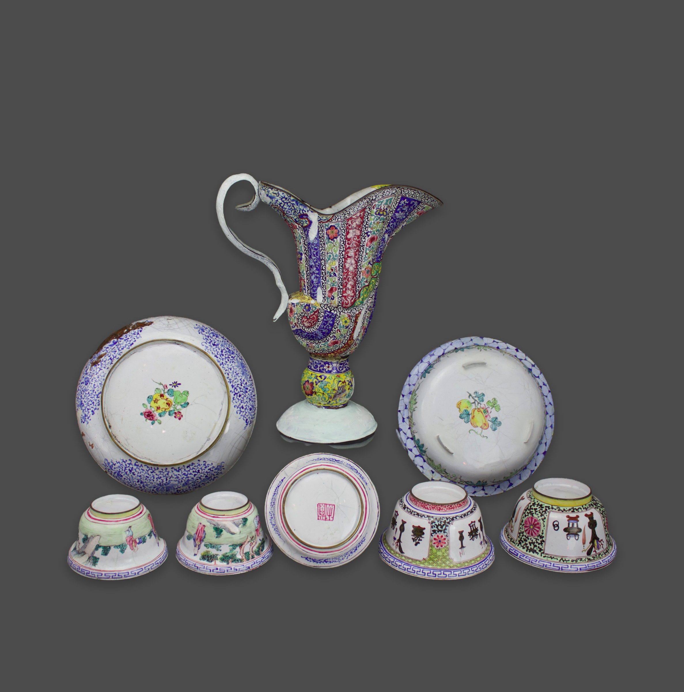 An interesting collection of Canton Enamel, 18th century the ewer H: 28 cm comprising two dishes, - Image 2 of 6