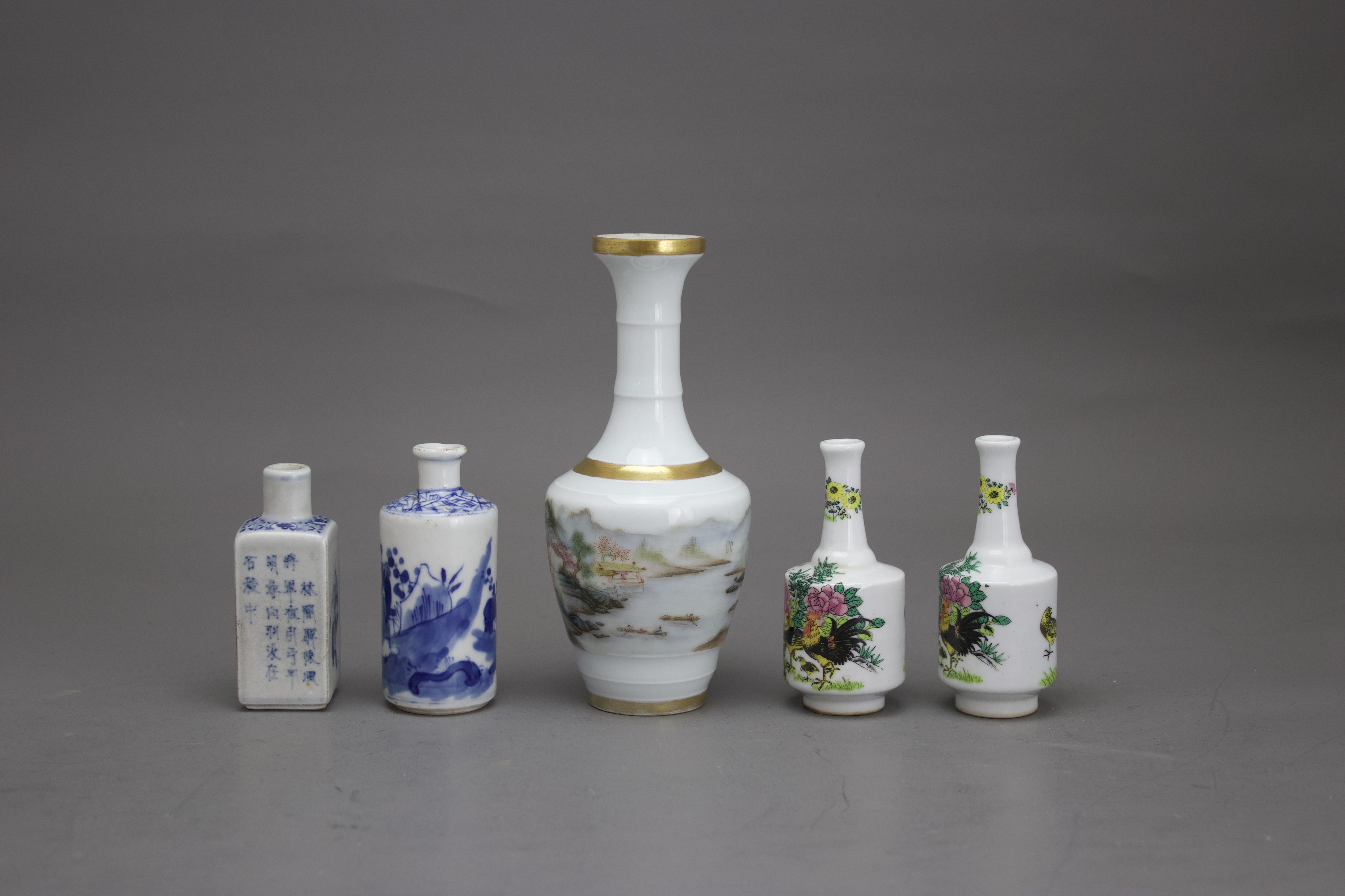 A group of five vases, 20th century H: 8.5 - 16.5 cms Including three enamelled vases and two blue - Image 2 of 5