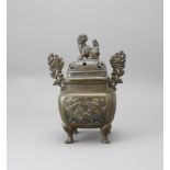 A Japanese Bronze Censer and Cover, Meiji period H:21cm, W:15cm Of square section, standing on