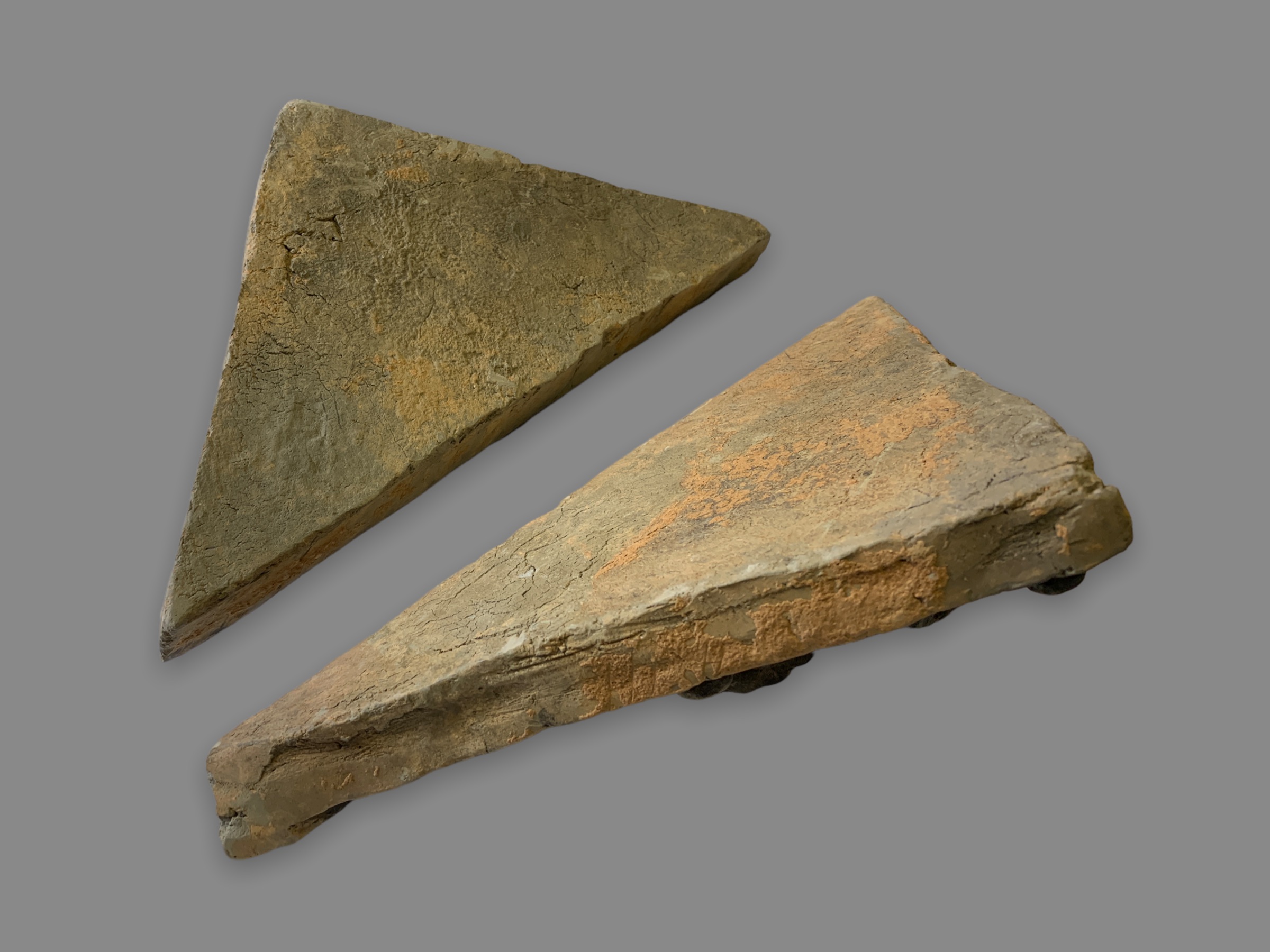 A pair of grey pottery triangular Tiles modelled with Goats, Ming Dynasty L: 26.5cm, W :27cm each - Image 5 of 8