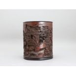 A well carved Bamboo 'Landscape' Brushpot, signed.A well carved Bamboo 'Landscape' Brushpot, signed.