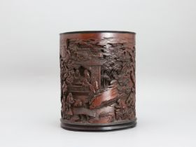 A well carved Bamboo 'Landscape' Brushpot, signed.A well carved Bamboo 'Landscape' Brushpot, signed.