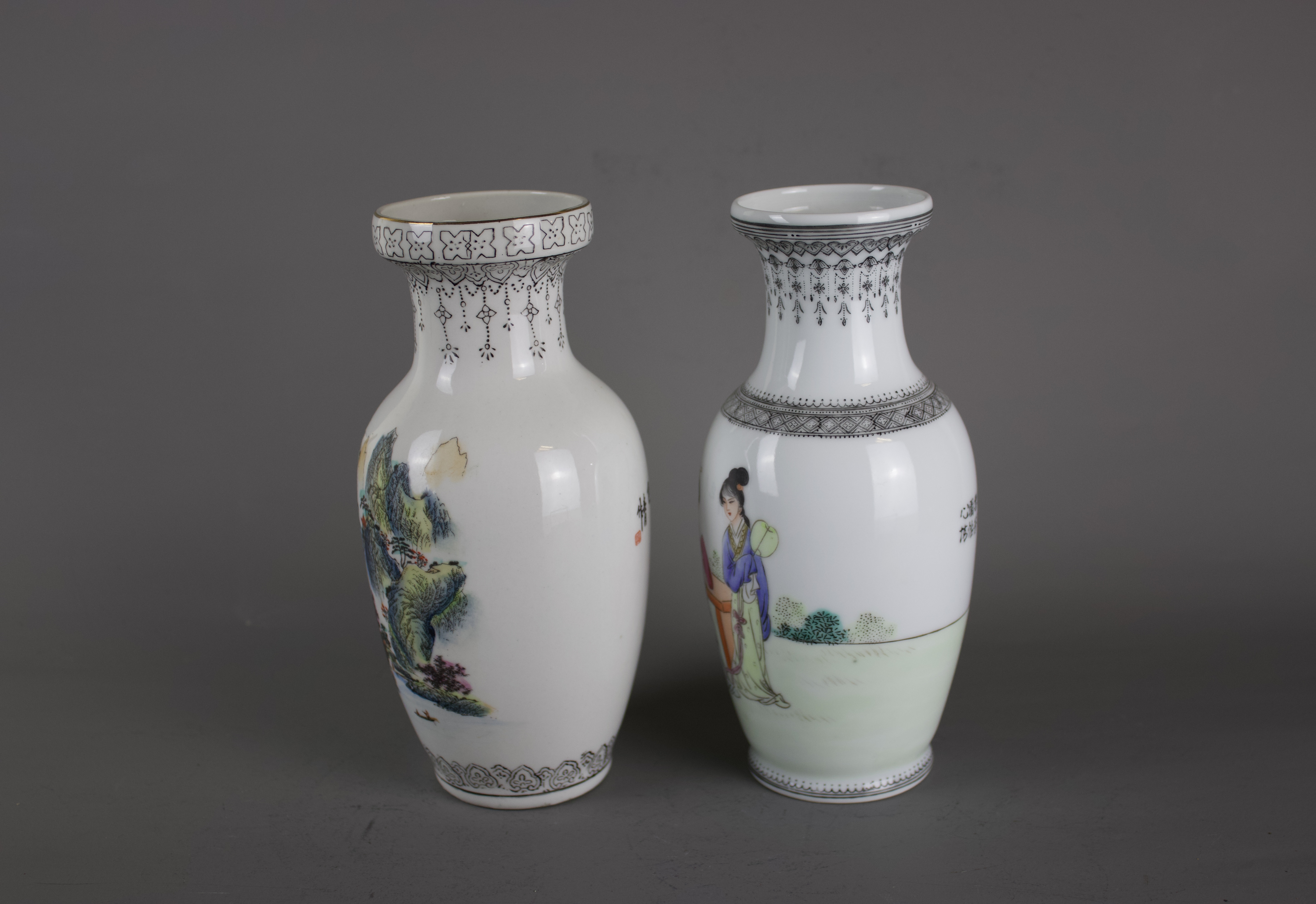 Two large Chinese baluster shaped porcelain vases, 20th century. H:22cm One is decorated with two - Image 3 of 7