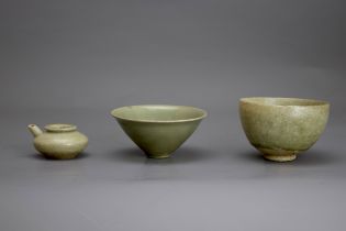 Two celadon Bowls and a small spouted celadon Ewer,Song /Yuan dynastythe Yaozhou bowl W: 10cm '