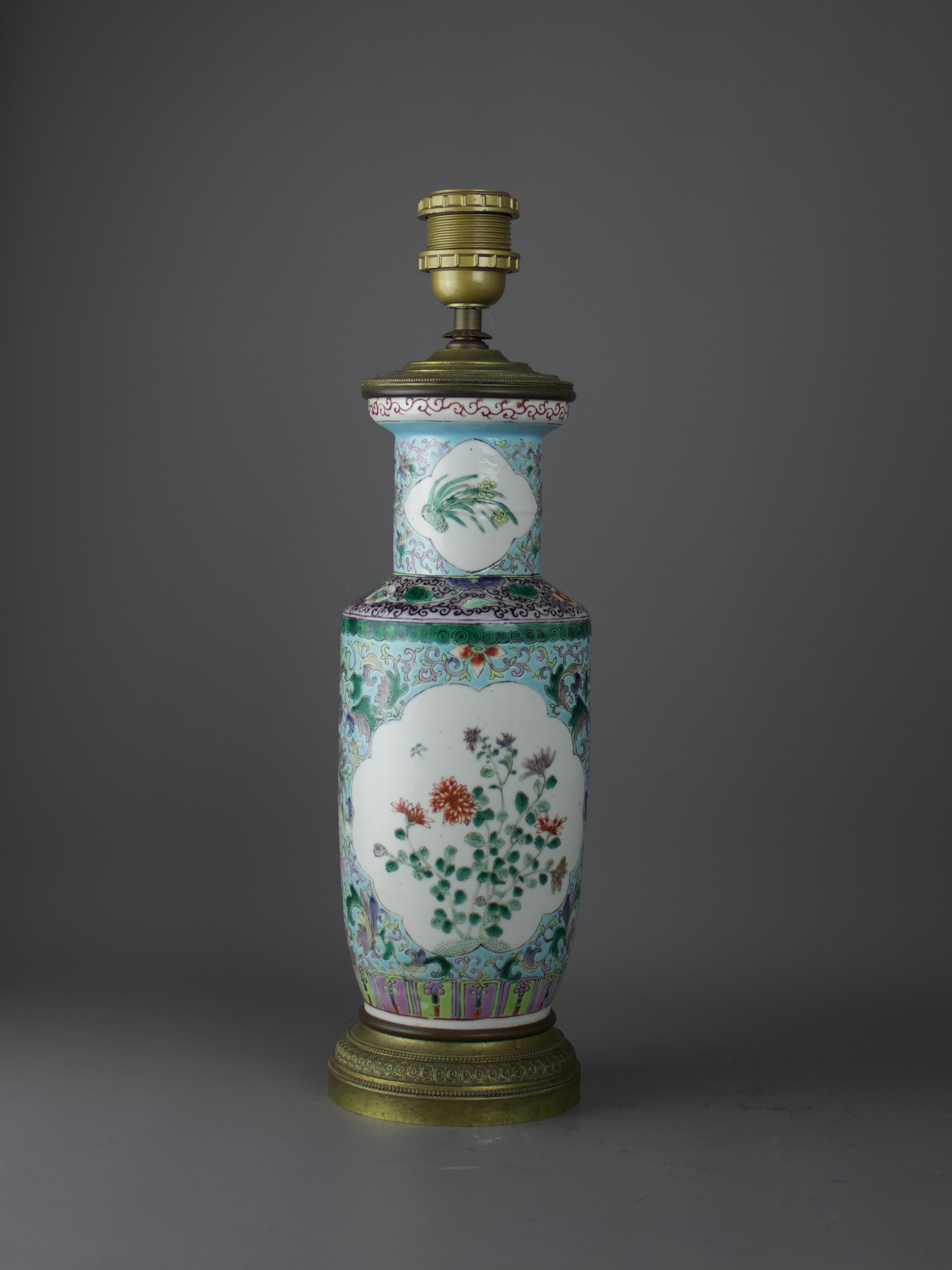 A 'Famille Verte' Rouleau Vase, Republic Period H overall 42cm D 12cm mounted as a lamp, decorated