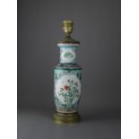 A 'Famille Verte' Rouleau Vase, Republic Period H overall 42cm D 12cm mounted as a lamp, decorated