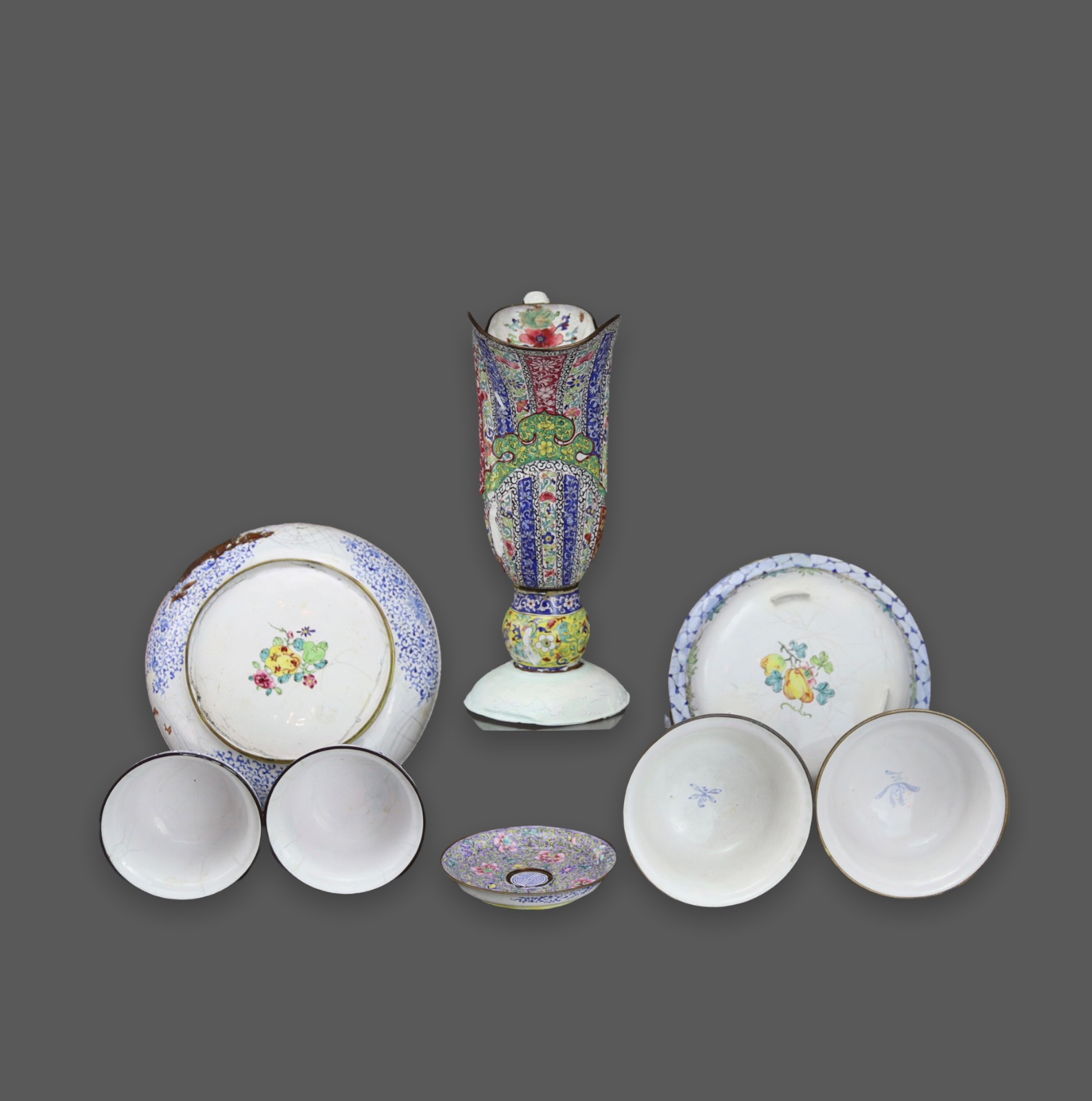 An interesting collection of Canton Enamel, 18th century the ewer H: 28 cm comprising two dishes, - Image 4 of 6