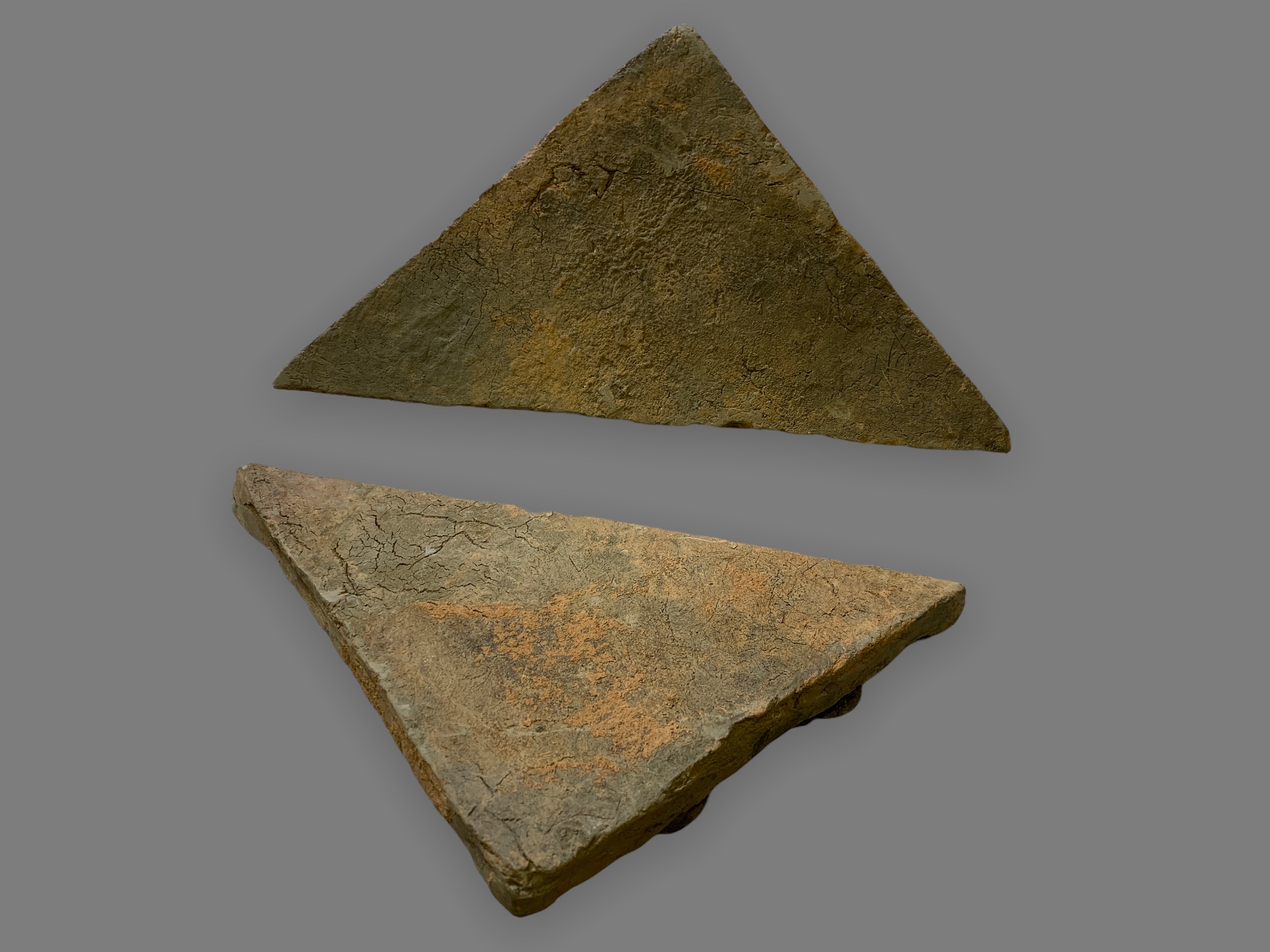 A pair of grey pottery triangular Tiles modelled with Goats, Ming Dynasty L: 26.5cm, W :27cm each - Image 7 of 8