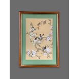 Swallows and almond blossom, inscribed and with one seal, ink and colours on paper, framed and