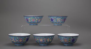 Five Canton Enamel Bowls, 19th century H: 5.7cm, W: 13cm the exterior well painted with the 'Eight