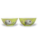 A Pair of yellow ground 'Medallion' Bowls, six character marks of Guangxu and of the period, Qing