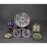 An interesting Group of Canton Enamel, Qing dynasty the pink dish W: 21cm including a pink saucer