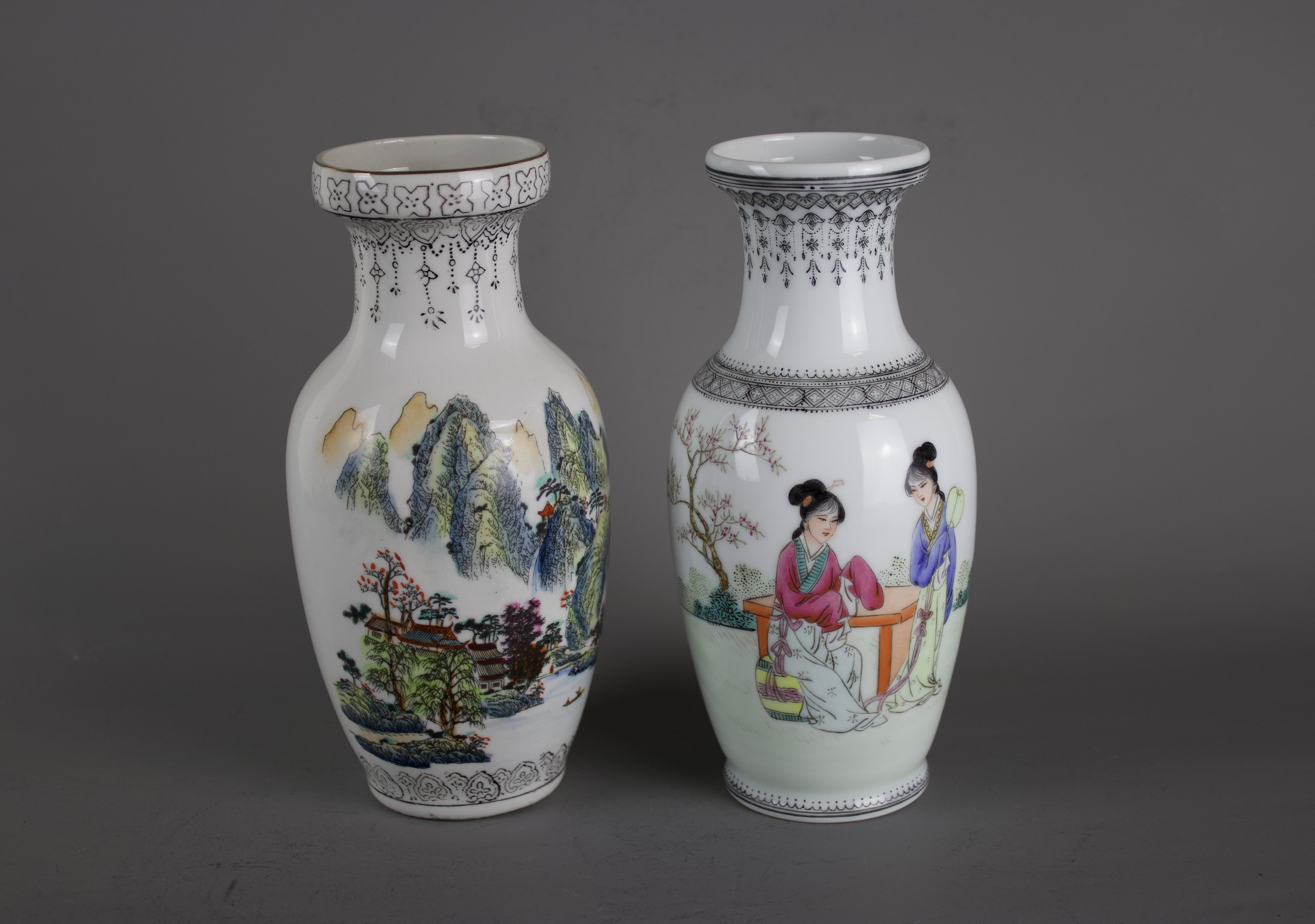 Two large Chinese baluster shaped porcelain vases, 20th century. H:22cm One is decorated with two - Image 2 of 7