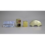 A baitong fan shaped Box and cover, inscribed, a pair of square brass boxes, and a blue and white