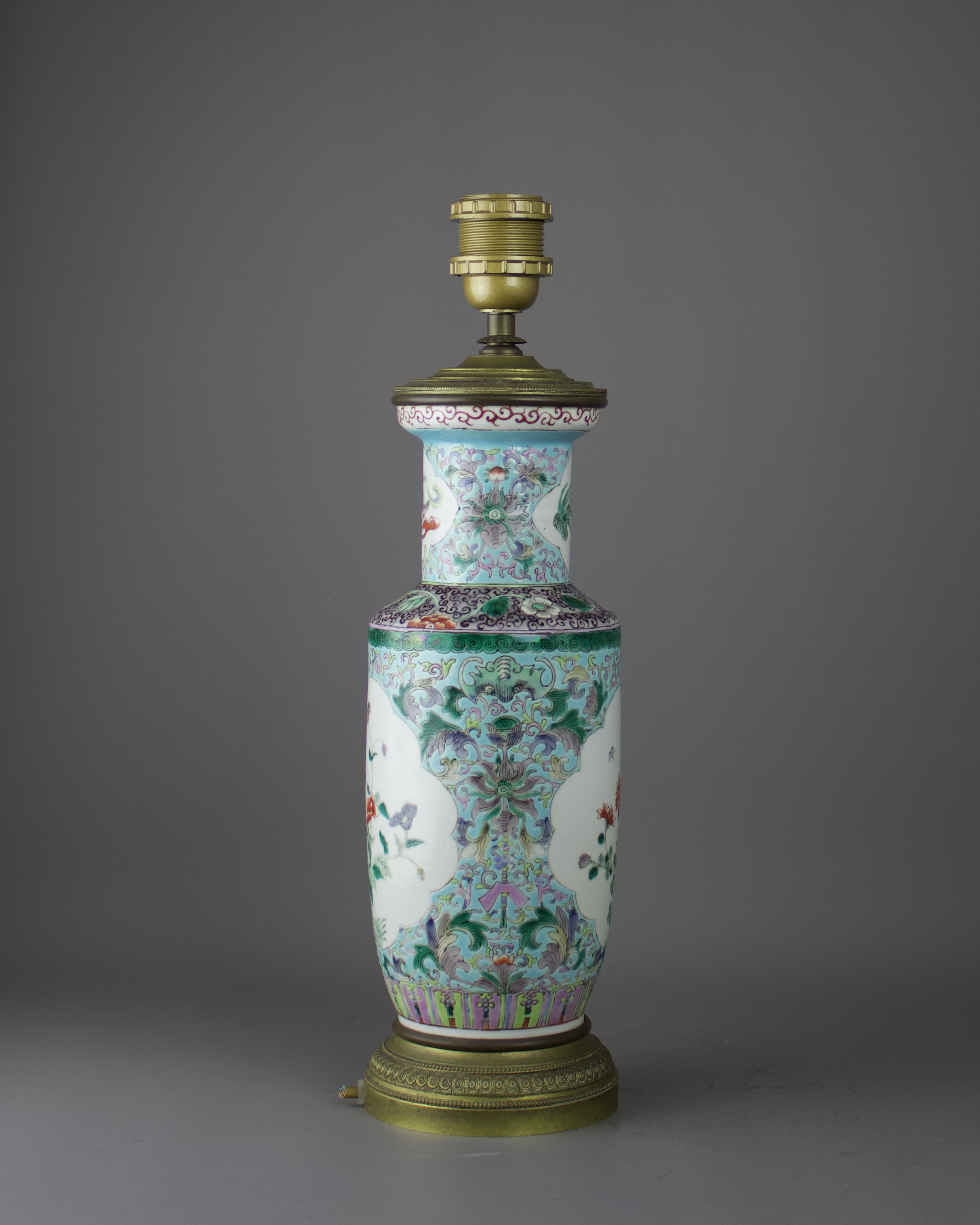 A 'Famille Verte' Rouleau Vase, Republic Period H overall 42cm D 12cm mounted as a lamp, decorated - Image 4 of 5