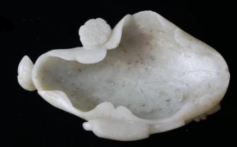 A Chinese Carved Leaf Form Jade Shallow Bowl, Late Ming/Early Qing DynastyAppro L: 17cm, W: 10cm