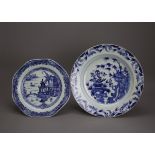 Two Blue and White plates, 18th Century W: 27.5cm and 21.5cm The larger with a basket of flowers