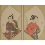 A JAPANESE COLOURED DIPTYCH WOODBLOCK PRINT Opposing male and female portraits in traditional