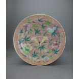 A pink ground Charger with Flowers, late Qing Dynasty W: 39.6cm From a private London collection