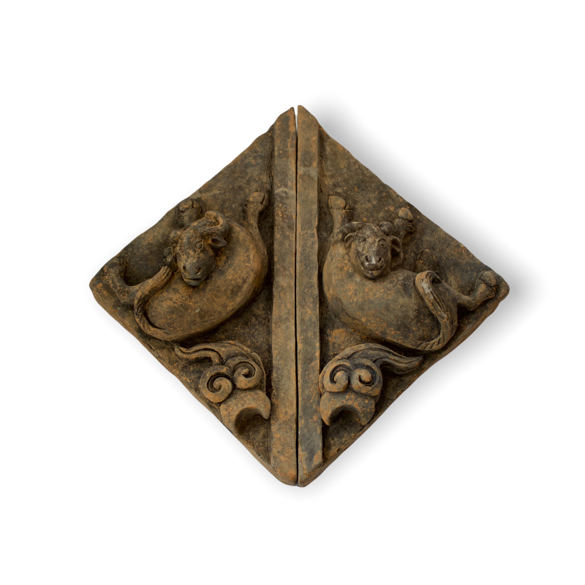 A pair of grey pottery triangular Tiles modelled with Goats, Ming Dynasty L: 26.5cm, W :27cm each - Image 8 of 8