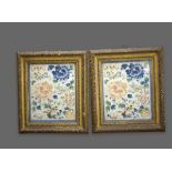 A Pair of Pekin Knot silk Panels, c. 1900 Frames L: 31.5 cms H: 36 cms embroidered with bats, peony,