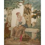 A 20TH CENTURY BERLIN WOOLWORK TAPESTRY Embroidered with a seated maiden in period attire with