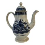 AN 18TH CENTURY ENGLISH PEARLWARE BLUE AND WHITE COFFEE POT AND COVER In Chinese Pavilions