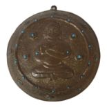 A VERY EARLY 20TH CENTURY SINO-TIBETAN WALL COPPER PLAQUE Centrally embossed with a meditating