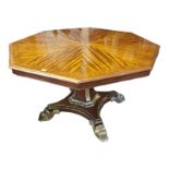 A 19TH CENTURY SATINWOOD AND PARCEL GILT DINING TABLE The octagonal top raised on a square