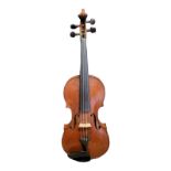 A LATE 18TH/EARLY 19TH CENTURY VIOLIN Along with later bow, cased. (62cm) Condition: nibbles to
