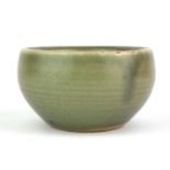 A MID CENTURY CELADON GLAZED CIRCULAR ART POTTERY BOWL With impressed St. Ives mark to base. (approx