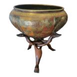 A LATE 19TH/EARLY 20TH CENTURY NORTH INDIAN TINNED COPPER BOWL GLOBULAR JARDINIÈRE The exterior