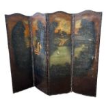 AN EDWARDIAN LEATHER AND HAND PAINTED FOUR FOLD SCREEN Decorated with a courting couple in a