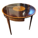 A 19TH CENTURY MAHOGANY, SATINWOOD AND MARQUETRY SHELL INLAID DEMI LUNE FOLD OVER TEA TABLE On