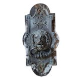 A 19TH CENTURY LION MASK BRONZE DOOR KNOCKER With classical decorations. (length 23cm) Condition: