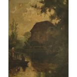 A LATE 19TH CENTURY ENGLISH SCHOOL OIL ON CANVAS, SUNSET RIVER VIEW, FIGURES FISHING Gilt framed. (