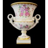 A LATE 19TH CENTURY DRESDEN POST CHAPEL HARD PASTE PORCELAIN CAMPANA VASE Surrounded by floral