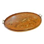 A LATE 19TH CENTURY SHERATON REVIVAL SATINWOOD OVAL TRAY Inlaid with musical theme marquetry and