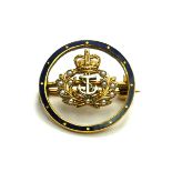 A VINTAGE 9CT GOLD, SEED PEARL AND ENAMEL 'BRITISH ROYAL NAVY INSIGNIA' BROOCH Having a blue