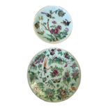 CANTON, TWO 19TH CENTURY HAND PAINTED CHINESE CELADON PLATES, IN ‘FAMILLE ROSE’ PATTERN (largest