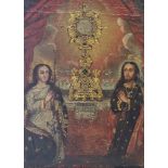 A LATE 19TH/EARLY 20TH CENTURY SPANISH COLONIAL SCHOOL OIL ON CANVAS, TWO SAINTLY FIGURES IN