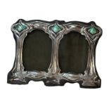 A STERLING SILVER AND ENAMEL ART NOUVEAU STYLE SMALL DOUBLE PHOTOGRAPH FRAME. (approx 8cm x 11cm)