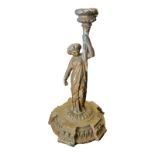 A LATE 19TH CENTURY CAST IRON FIGURAL CANDELABRA CAST AS A NEOCLASSICAL MAIDEN Holding a single