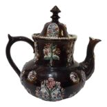 A VICTORIAN BARGEWARE POTTERY TEA KETTLE Having a turned finial, applied with motifs 'H.T. Boulton