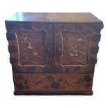 AN ELM WOOD LACQUER JAPANESE TABLE TOP CABINET, marquetry I laid and hand painted with