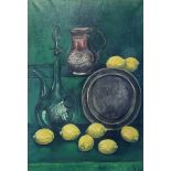 A MID CENTURY OIL ON CANVAS, STILL LIFE, A GREEN GLASS DECANTER WITH PEWTER CHARGER AND LEMONS